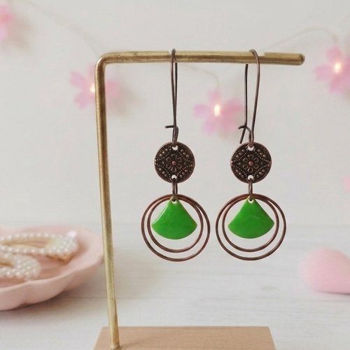 Kit boucles d'oreilles anneaux cuivre rouge et sequin émail triangle