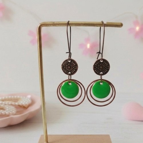 Kit boucles d'oreilles anneaux cuivre rouge et sequin émail rond