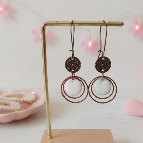 Kit boucles d'oreilles anneaux cuivre rouge et sequin émail rond