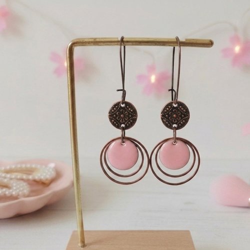 Kit boucles d'oreilles anneaux cuivre rouge et sequin émail rond