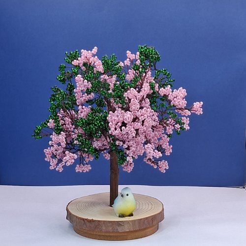 Arbre décoratif en perles rose et vert – cerisier japonais miniature – sculpture artisanale sur socle bois
