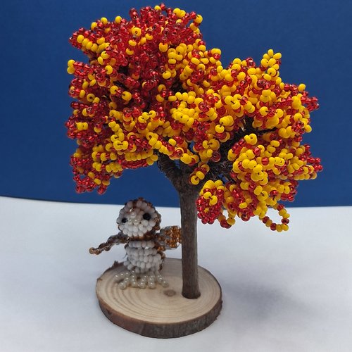 Décoration hibou et arbre automne en perles – création artisanale – cadeau original fait main
