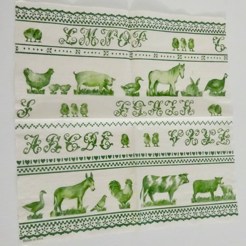 Serviette en papier alphabet âne coq oiseau poussin poule cochon vache mouton cheval lapin