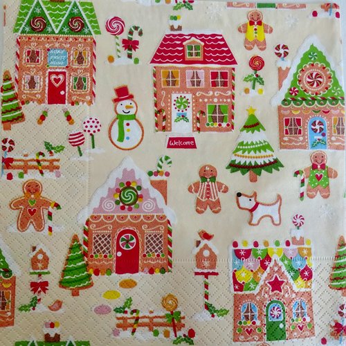 Serviette en papier decor pain d’épice  sapin,maison,pantin