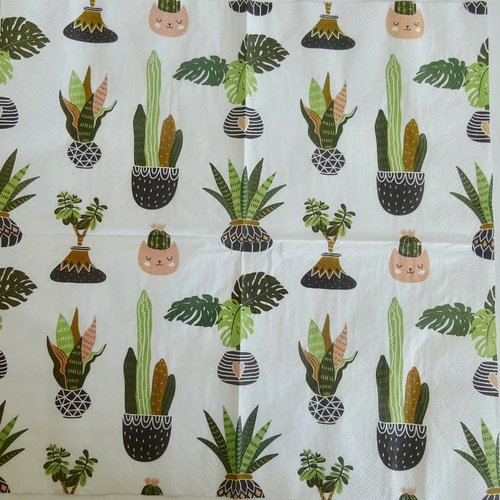 Serviette en papier cactus ,chat ,plante