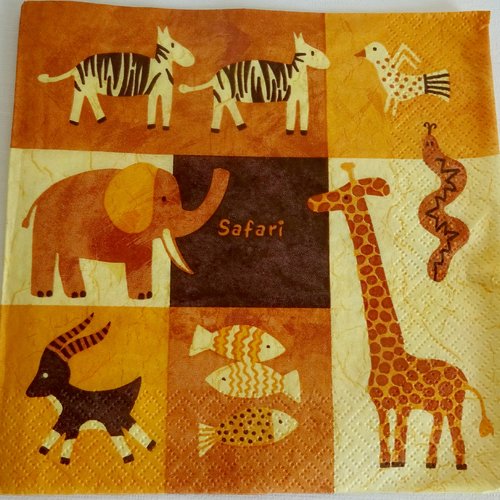 Serviette en papier safari ,zèbre,antilope,poisson,girafe,éléphant