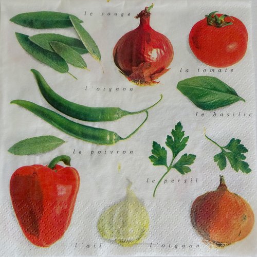 Serviette en papier motif tomates, basilic,oignon, persil,poivron,sauge