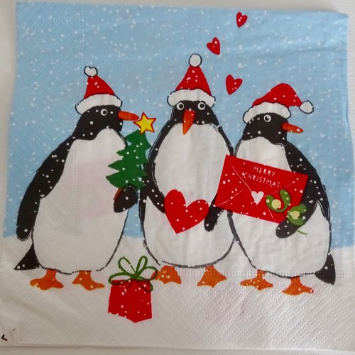 Serviette en papier noël, les pingouins font la cour en coeur