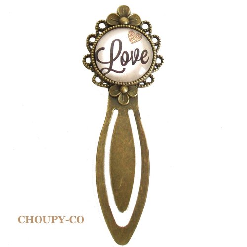 Marque-pages cabochon * love * amour coeur doré romantique bronze beige et noir accessoire papeterie 