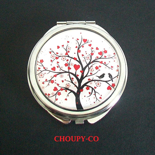 Miroir de poche rond * arbre coeurs * rouges blanc oiseaux argenté accessoire beauté maquillage
