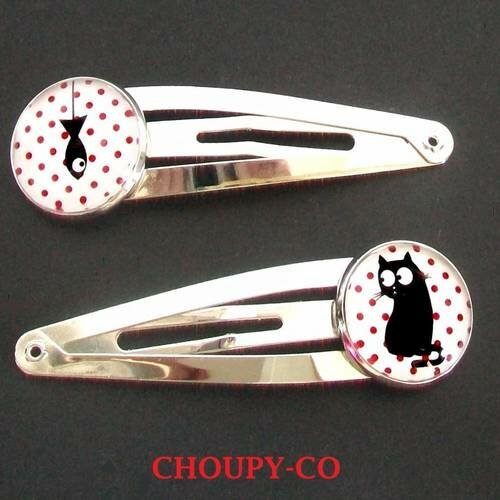 Barrettes enfant cabochon * chat gourmand * poisson blanc pois rouge argenté .