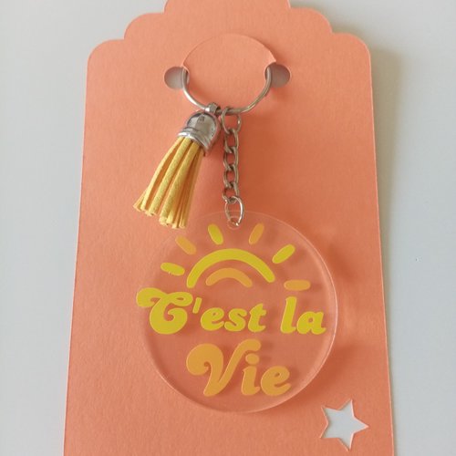 Porte-clés, rond * c'est la vie * citation, jaune, orange, pompon, bijou de sac, idée cadeau