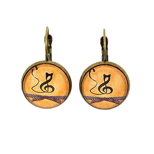 Boucles d'oreilles cabochon * chat musicien * note de musique noir jaune moutarde bronze boucles pendantes en verre idée cadeau