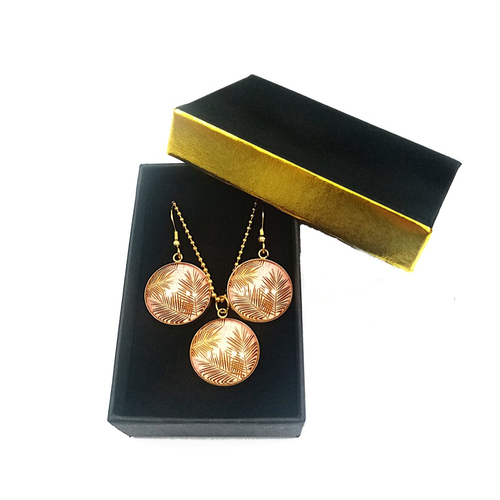 Coffret boucles d'oreilles + collier * palme d'or * rose poudré, doré, parure femme, idée cadeau