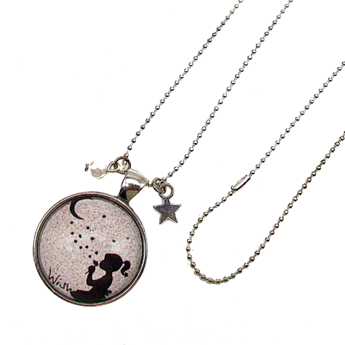 Collier, pendentif, cabochon * poussières d'étoiles * étoiles, lune, gris ,noir, fantaisie, idée cadeau, noël