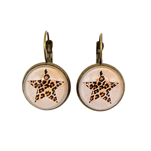 Boucles d'oreilles, cabochon * étoile léopard * félin, orangé, beige, boucles pendantes, idée cadeau