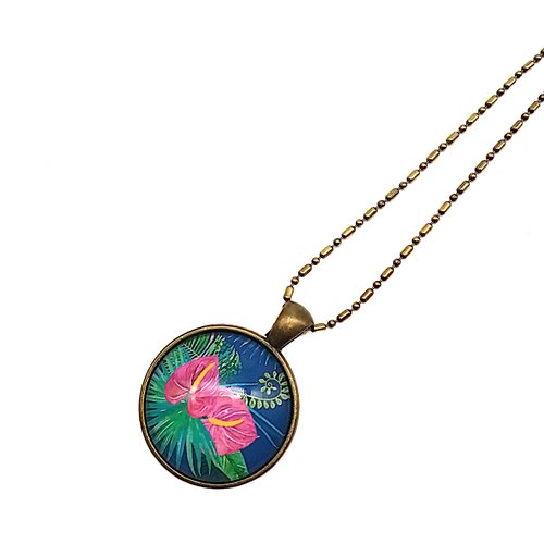 Fin de serie, collier, pendentif cabochon * hibiscus * tropical, exotique, fleurs, rose, bleu bronze