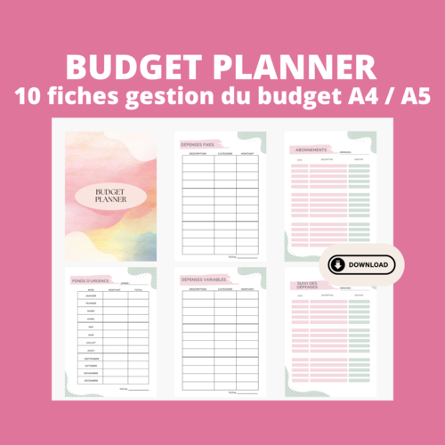 Planner budget, 10 fiches pour gérer son budget à imprimer, outils budgétaires, gestion suivi des dépenses,