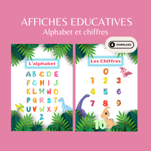 Affiches éducatives pour enfants, alphabet et chiffres, apprentissage, thème dinosaure