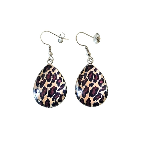 Boucles d'oreilles pendantes femme imprimé léopard marron gouttes  argenté, cabochon en verre tendance mode femme idée cadeau pour elle