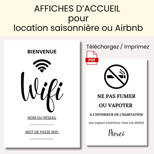 Affiches d'accueil pour location saisonnière à imprimer, airbnb, gîte, affiche wifi
