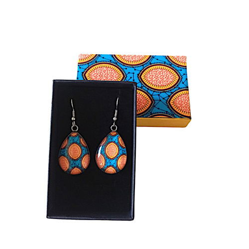 Coffret boucles d'oreilles, pendantes * wax * africain, ethnique, bleu, orangé, gouttes, femme