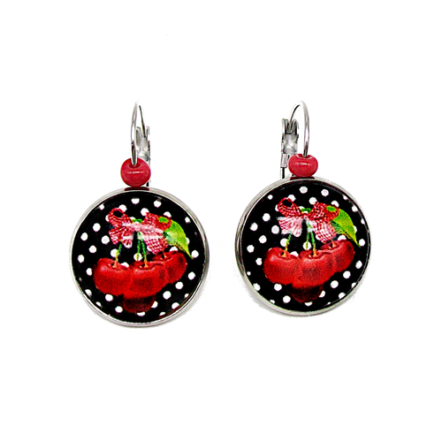 Boucles d'oreilles pendantes, cerises à pois blanc, cabochon en verre, boucles d'oreilles dormeuses, idées cadeaux noël