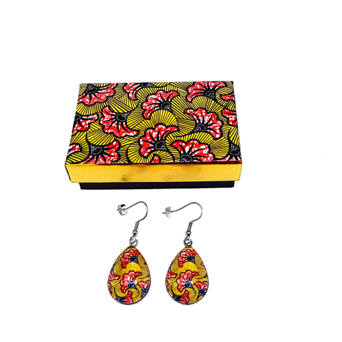 Boucles d'oreilles pendantes + coffret assorti * fleurs wax * africain, gouttes, idée cadeau noël