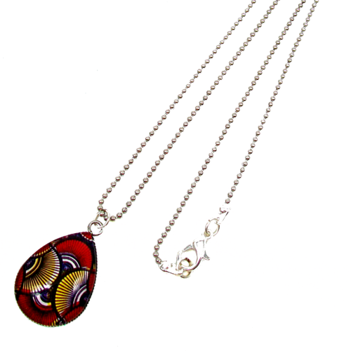 Collier pendentif, goutte * wax * afrique, ethnique, rouge, argenté, femme, cadeau pour elle, noël.