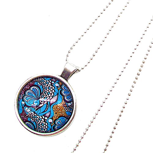Collier pendentif, sautoir, wax,  motif africain, ethnique, bleu, collier long, cabochon en verre