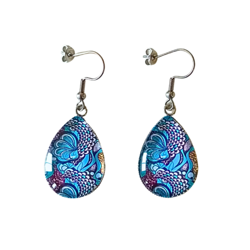 Boucles d'oreilles pendantes gouttes - wax africain, bleu et blanc, cabochon - idée cadeau noël