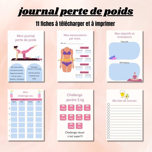 Fitness planner - journal perte de poids : 11 fiches - activités sportives, challenges, suivi de poids et menus