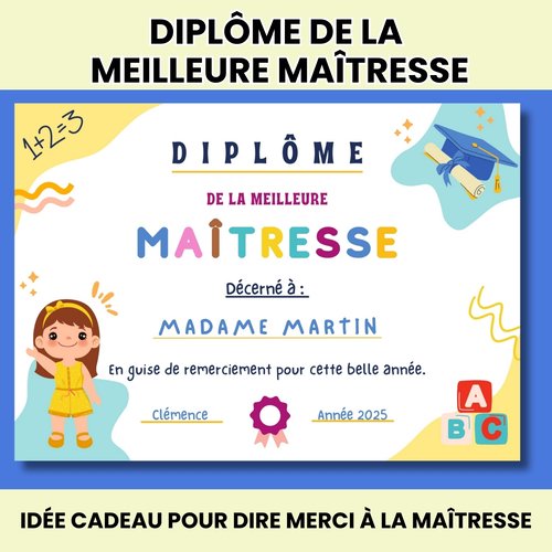 Diplôme de la meilleure maîtresse à imprimer – fichier numérique à télécharger