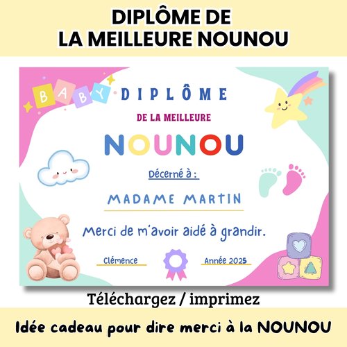 Diplôme à imprimer "meilleure nounou" – cadeau de fin d'année personnalisé, pdf numérique à télécharger