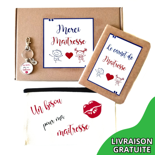 Coffret merci maîtresse – trousse, porte-clés, carnet – cadeau fin d’année scolaire fait main