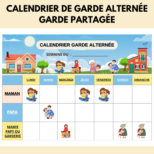 Calendrier de garde alternée ou garde partagée pour enfants, planning hebdomadaire, a4