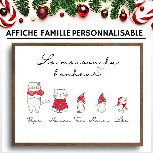Affiche famille personnalisée : idées cadeaux originales pour noël, illustration, famille chat