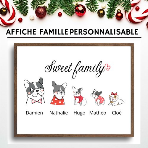Affiche famille personnalisée : idées cadeaux originales pour noël, illustration chien bouledogue, portrait famille