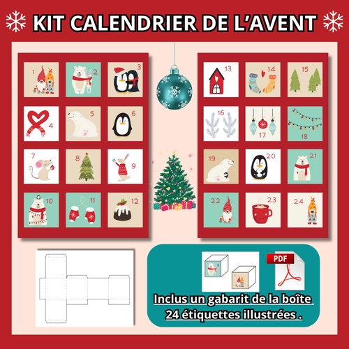 Calendrier de l’avent à imprimer – 24 étiquettes illustrées + boîte diy – fichier pdf à télécharger