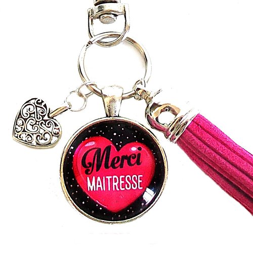 Porte‑clés merci maîtresse – bijou de sac cœur rose – cadeau fin d’année enseignante / atsem – fait main