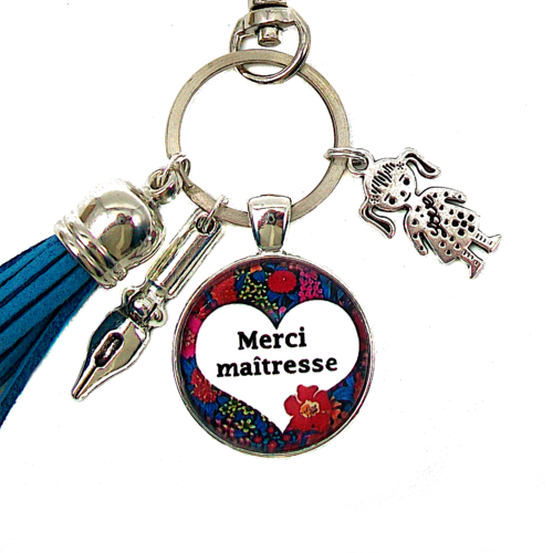 Porte-clés merci maîtresse – bijou de sac cœur et fleurs – cadeau fin d’année scolaire fait main