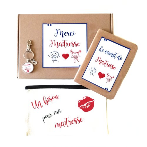 Coffret merci maîtresse – trousse, porte-clés, carnet – cadeau fin d’année scolaire fait main
