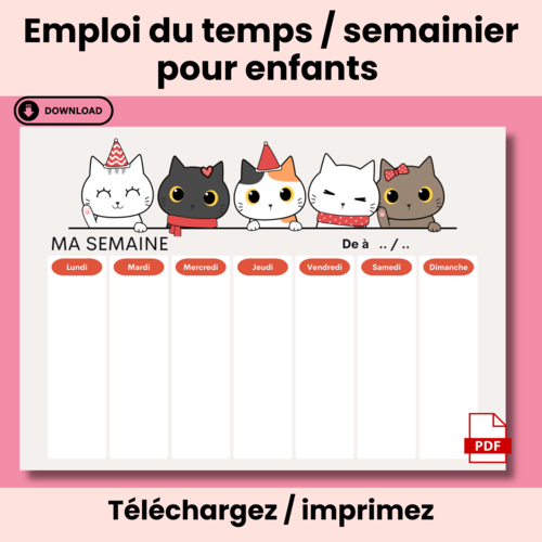 Emploi du temps enfants à imprimer, semainier chats, organisation de la semaine, routines enfants, planning semaine