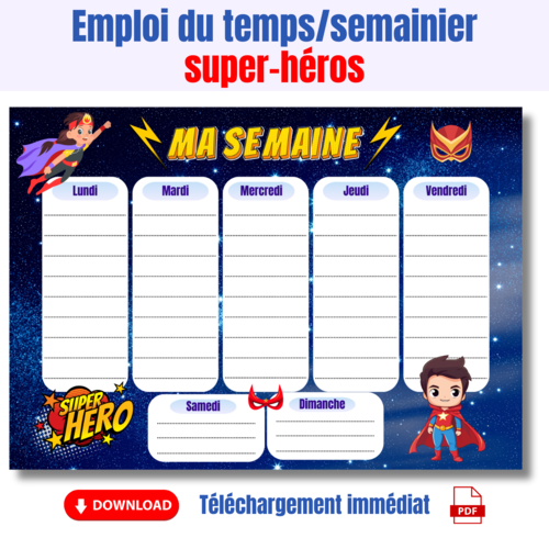 Emploi du temps enfants à imprimer, semainier, super-héros, planning de la semaine