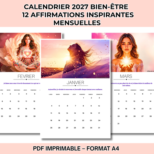 Calendrier 2027 imprimable pdf — 12 affirmations positives bien-être | format a4 à télécharger