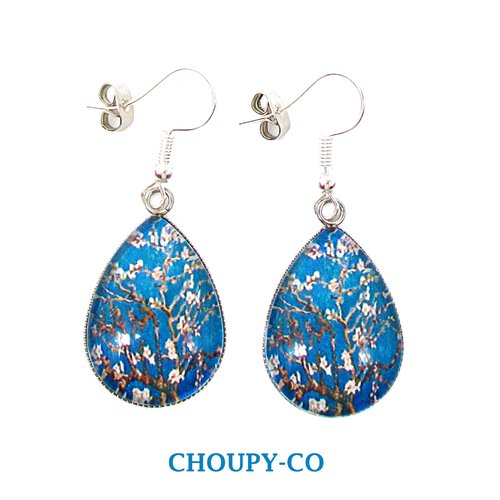 Boucles d'oreilles gouttes, cabochon * van gogh * amandier en fleurs, tableau, oeuvre, artiste peintre, boucles pendantes