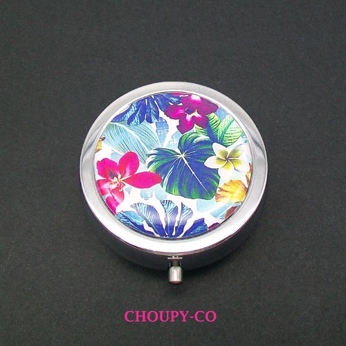 Pilulier, rond, cabochon * fleurs tropicales * exotique, bleu turquoise, fuchsia,argenté, boîte médicament, accessoire, femme 