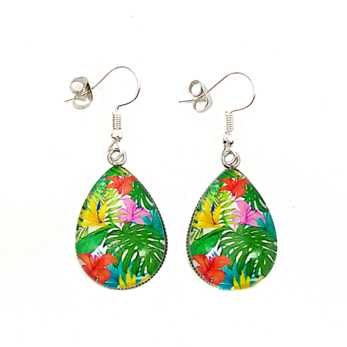 Boucles d'oreilles pendantes, gouttes, cabochon * fleurs tropicales * exotique, jungle, argenté, fantaisie, femme, idée cadeau