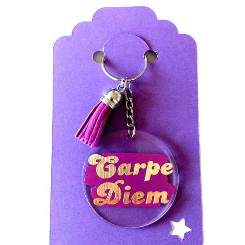 Porte-clés, rond * carpe diem * citation, doré, violet, pompon, bijou de sac, idée cadeau