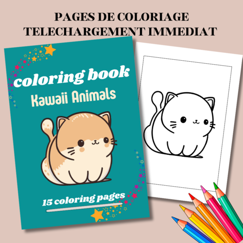 Coloriage pour enfant, coloriage kawaii, 15 pages à colorier, pdf, a4, téléchargement immédiat, coloriage animaux à imprimer